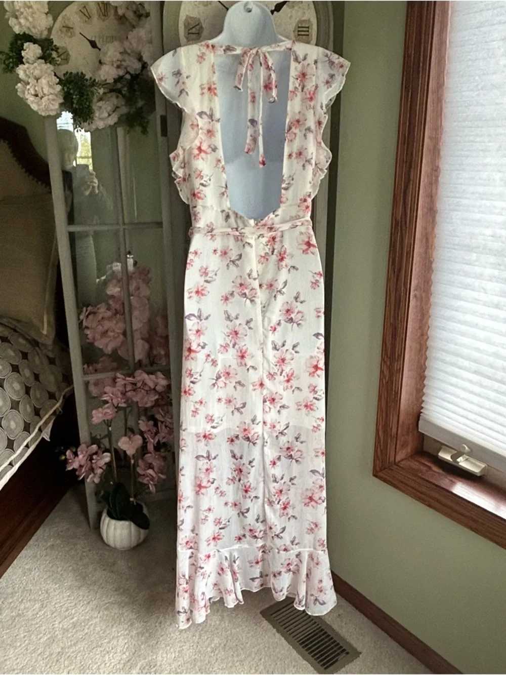 Asymmetrical High-Low Midi Dress Flutter Sleeves Ruffles Pink White Floral Sz XL - Picture 5 of 9